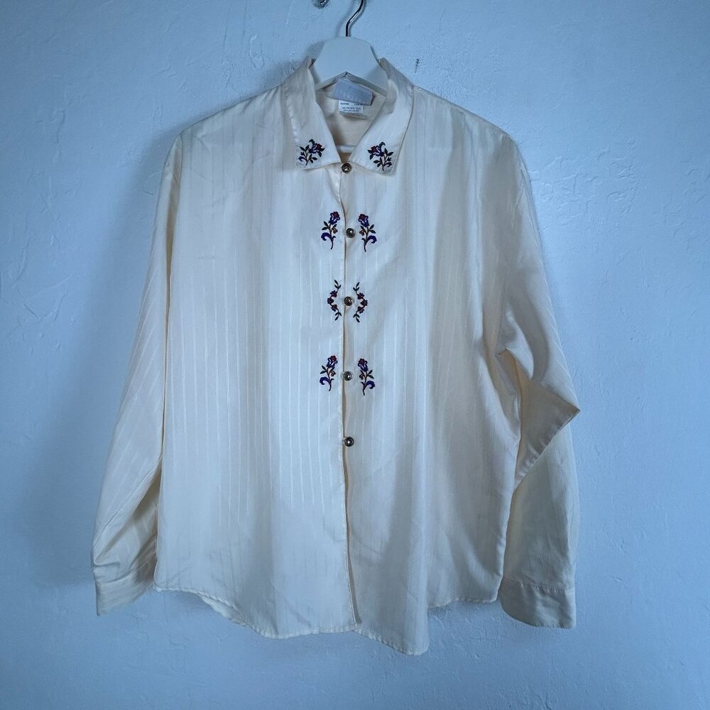 Vintage Jantzen Classics Womens Cream Embroidered Button-Up Shirt Blouse Size 10